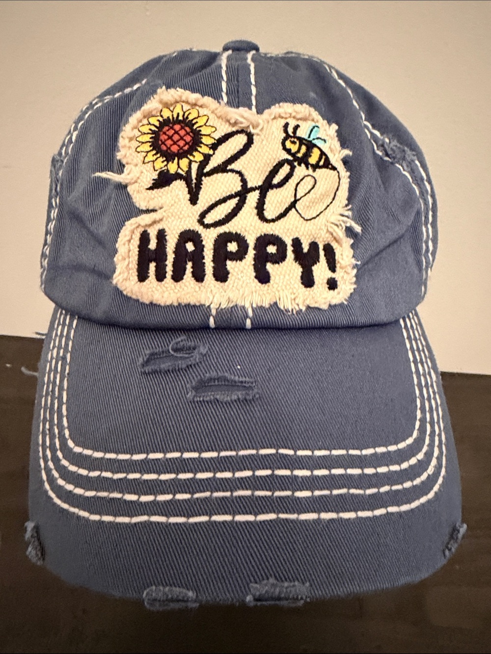 Bee Happy Blue Distressed Denim look with Sunflower and Bee Patch Adjustable Hat